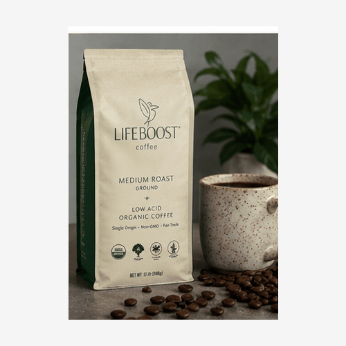 Lifeboost Coffee brand and freshly brewed coffee